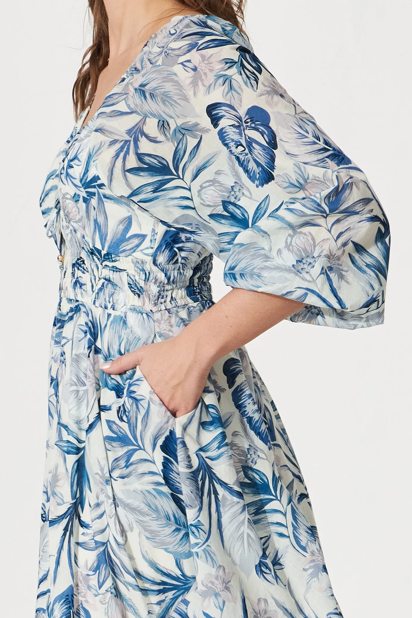 Darling Point Dress In White With Blue Floral Print Cotton