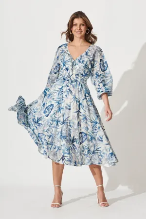 Darling Point Dress In White With Blue Floral Print Cotton