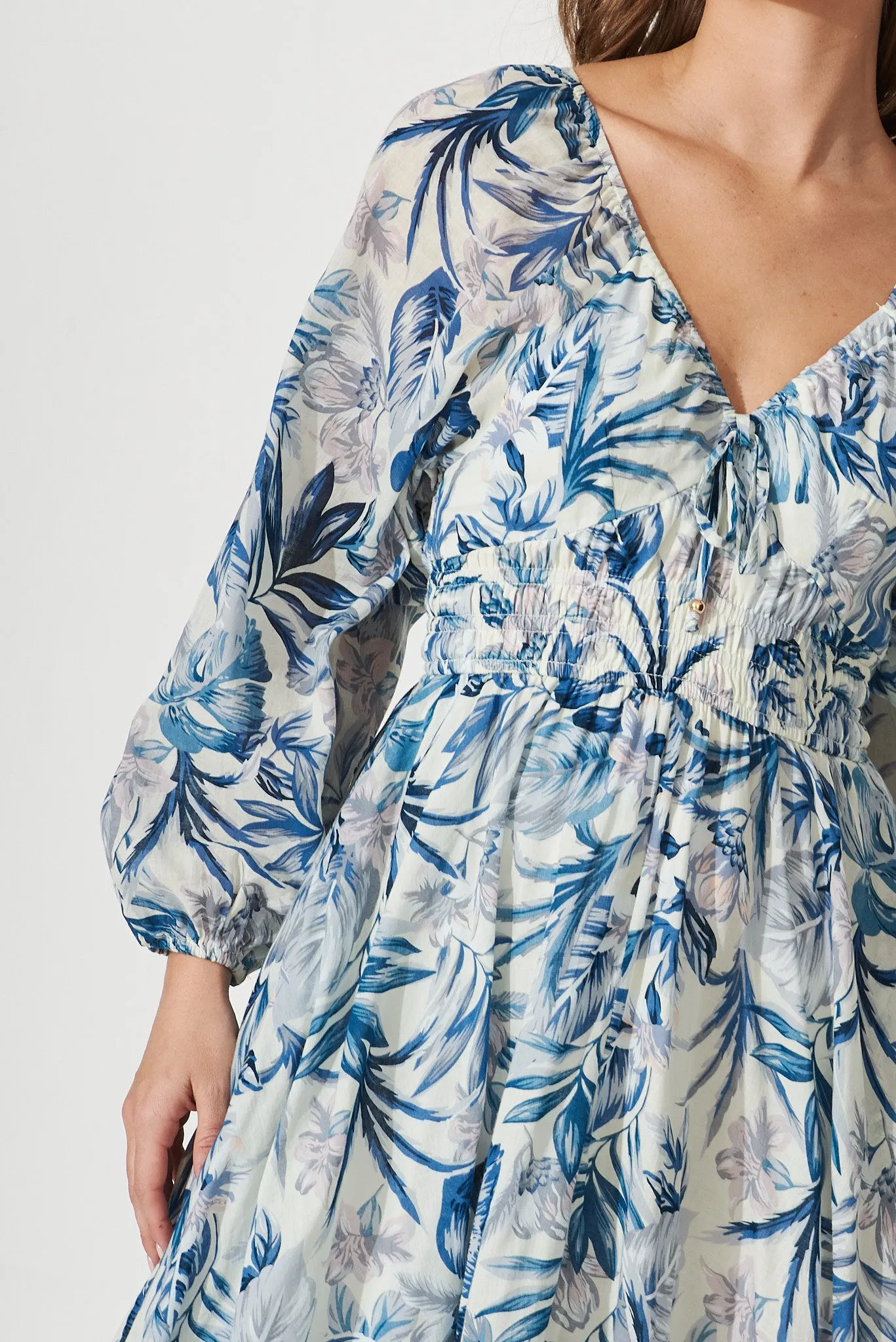 Darling Point Dress In White With Blue Floral Print Cotton