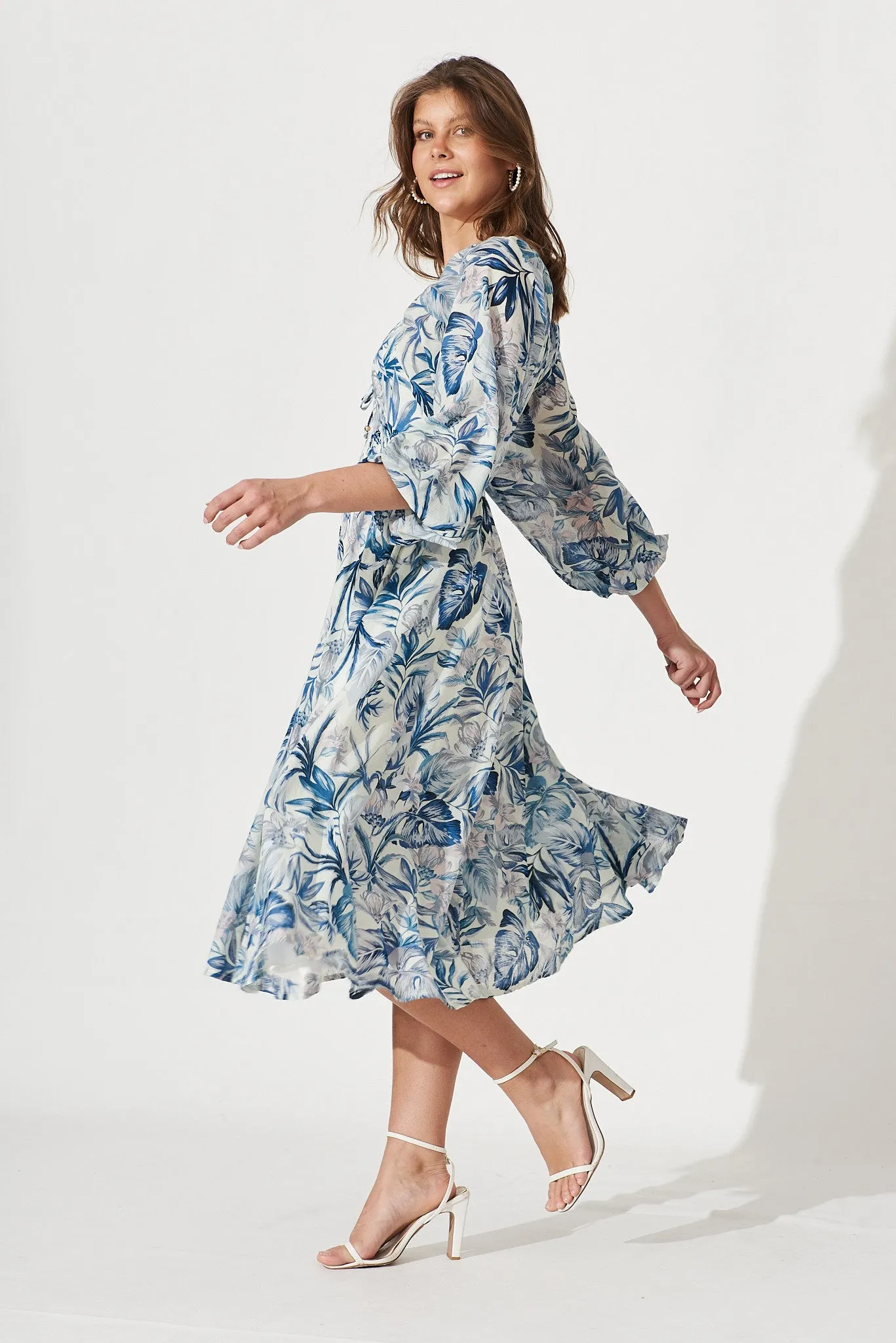 Darling Point Dress In White With Blue Floral Print Cotton