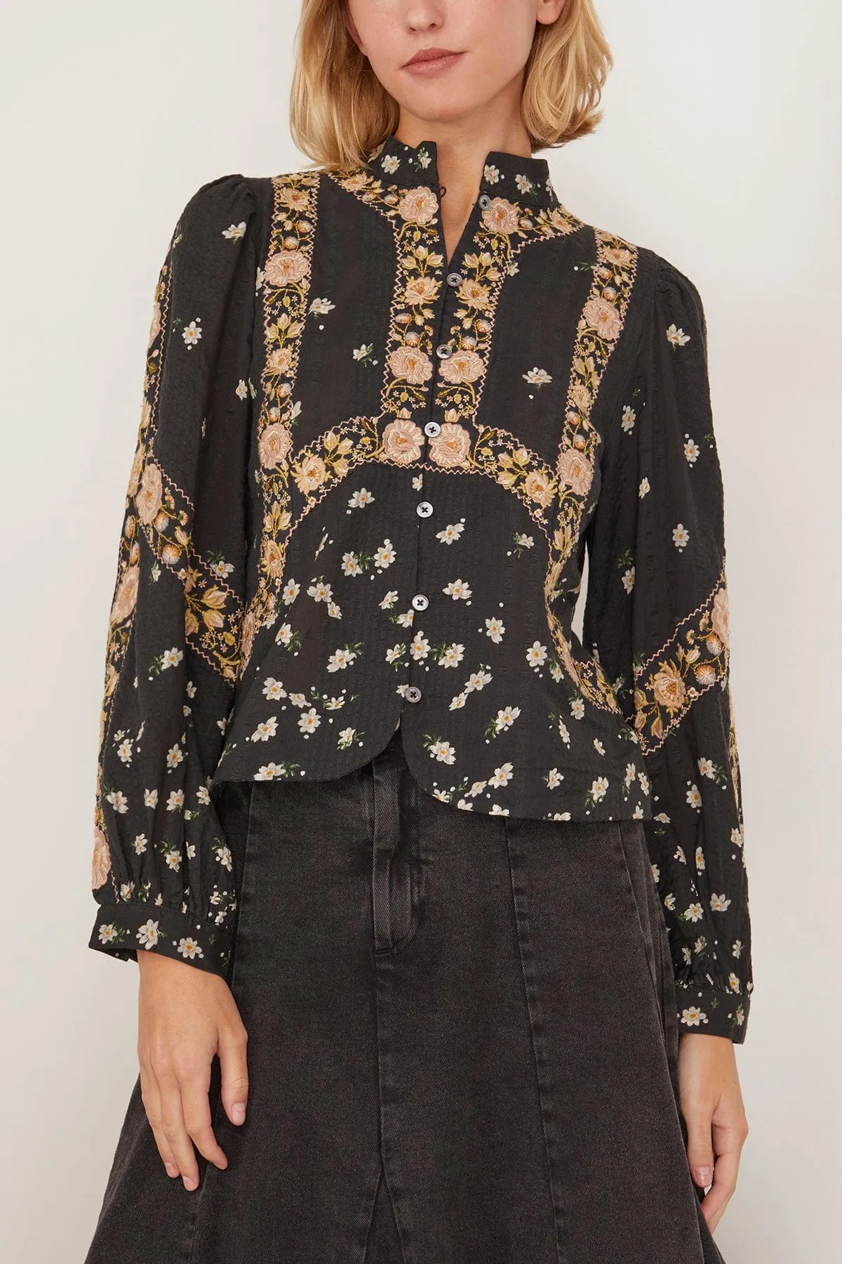 Elizabeth Print Long Sleeve Top in Black