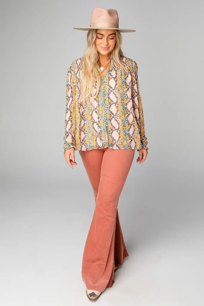EVERLY LONG SLEEVE BUTTON UP BLOUSE - MACAROON