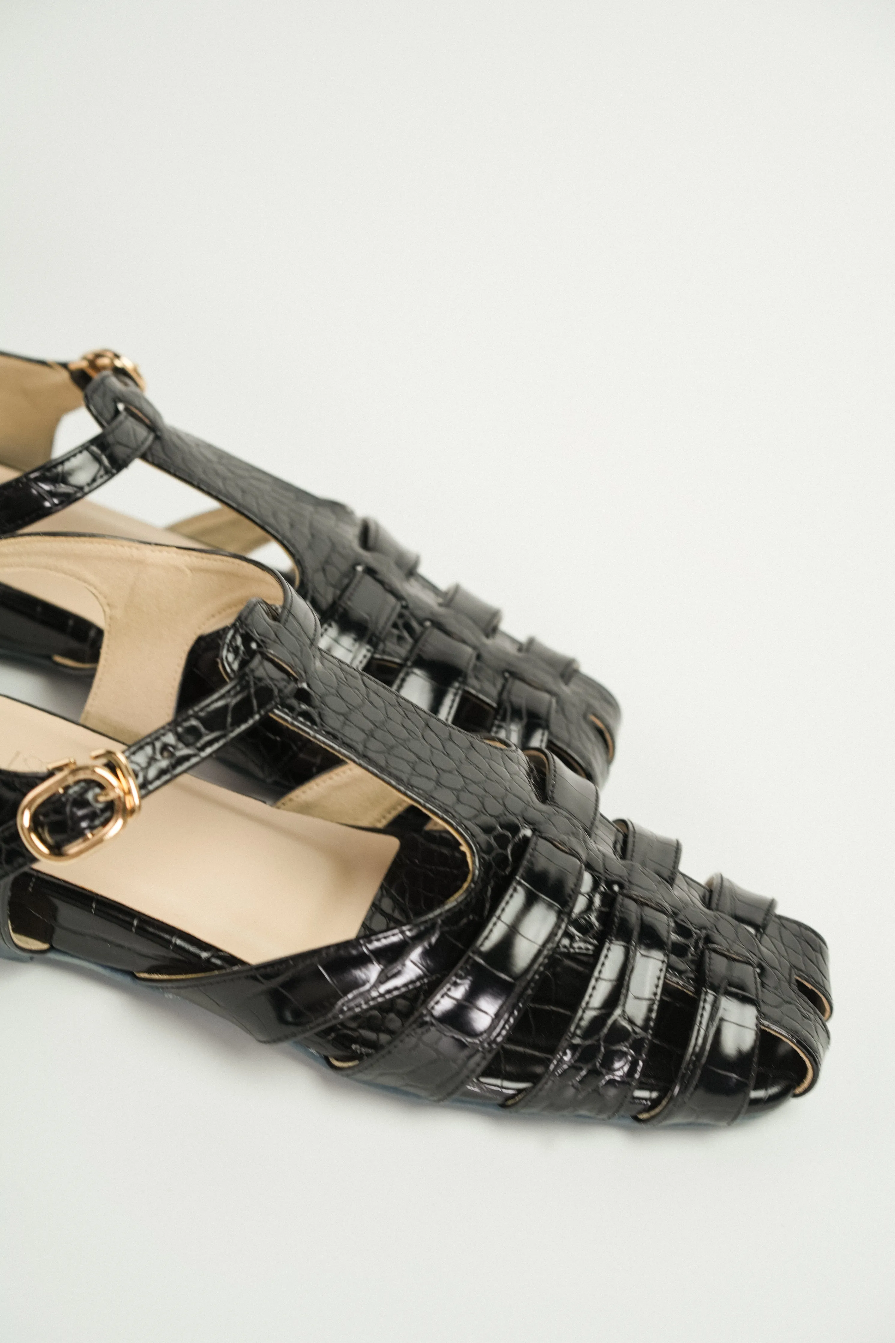 Fisherman Cage Sandals (Black Croc)