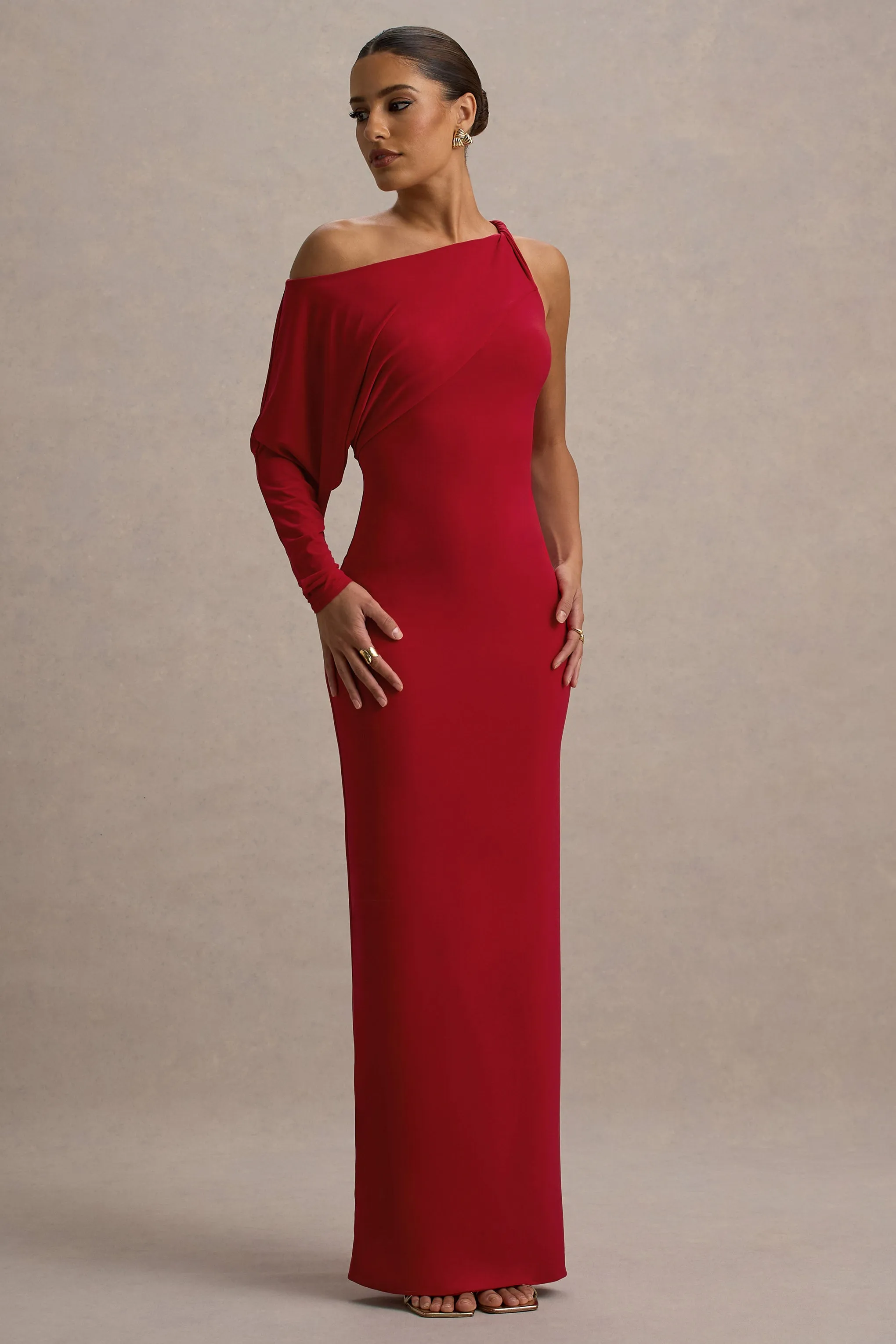 Floria | Red Draped One-Sleeve Maxi Dress