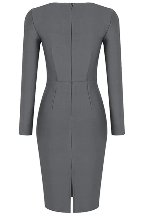 Flytonn-nye outfits Diva Notch Scoop Neck Long Sleeve Bandage Bodycon Mini Dress - Gray