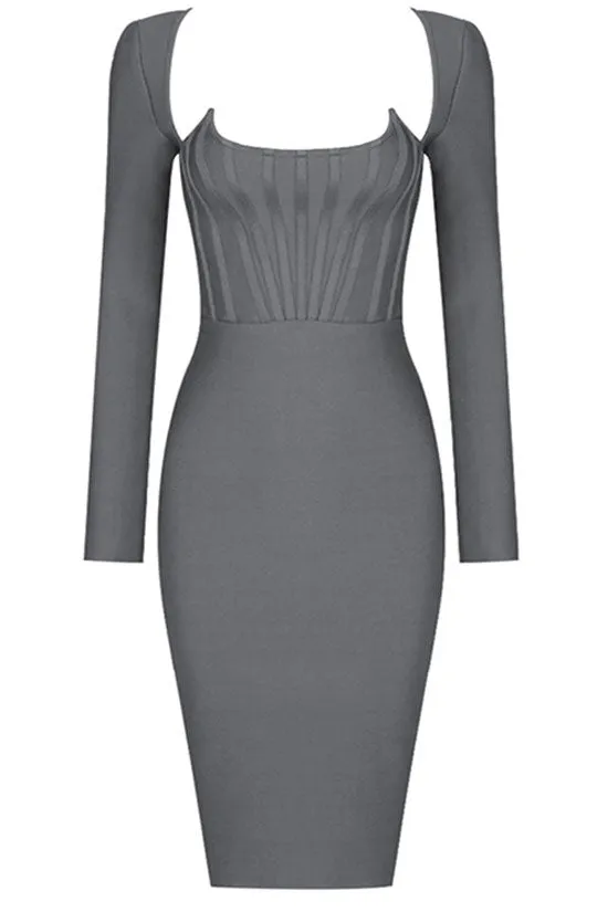 Flytonn-nye outfits Diva Notch Scoop Neck Long Sleeve Bandage Bodycon Mini Dress - Gray