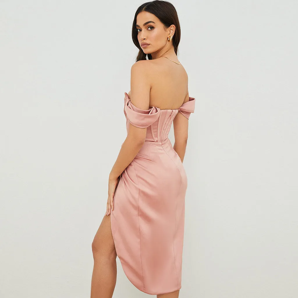 Flytonn- Silky Satin Off Shoulder High Slit Drape Corset Midi Dress - Pink