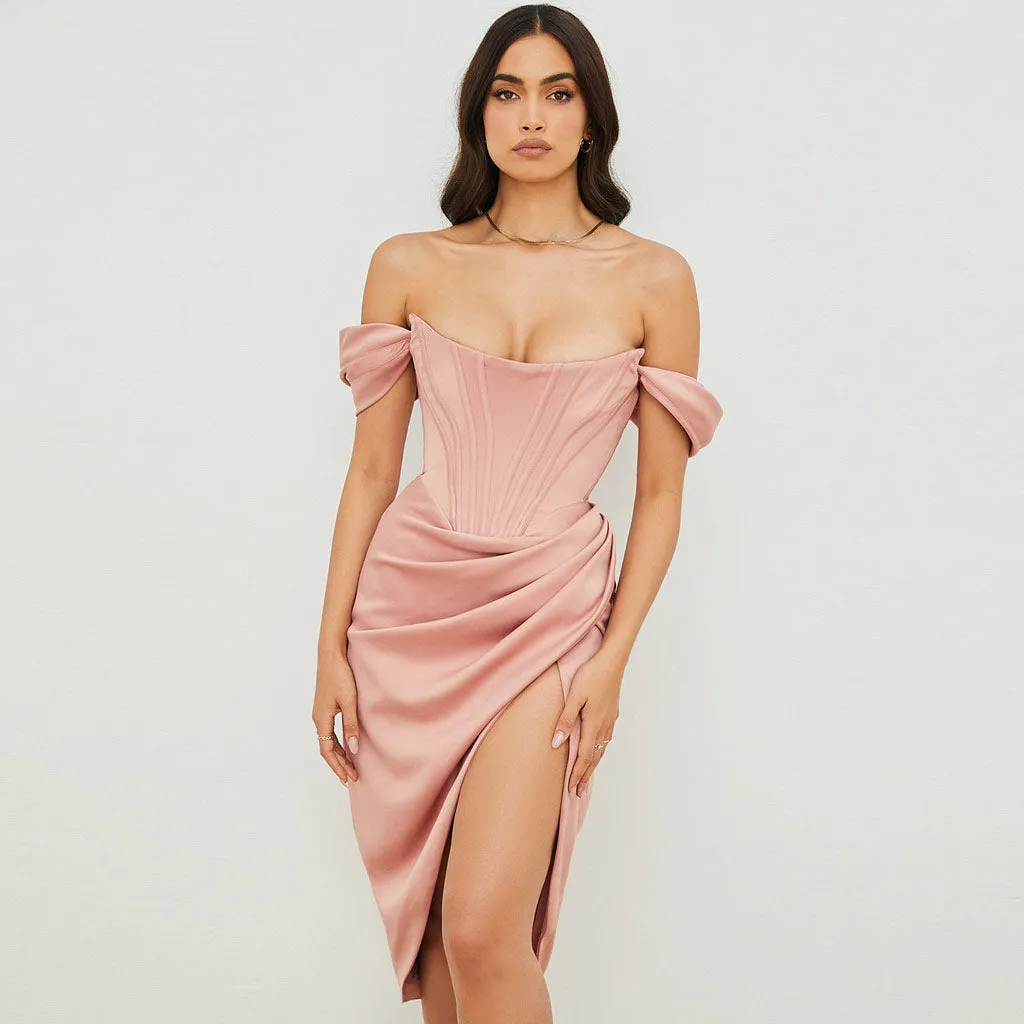 Flytonn- Silky Satin Off Shoulder High Slit Drape Corset Midi Dress - Pink