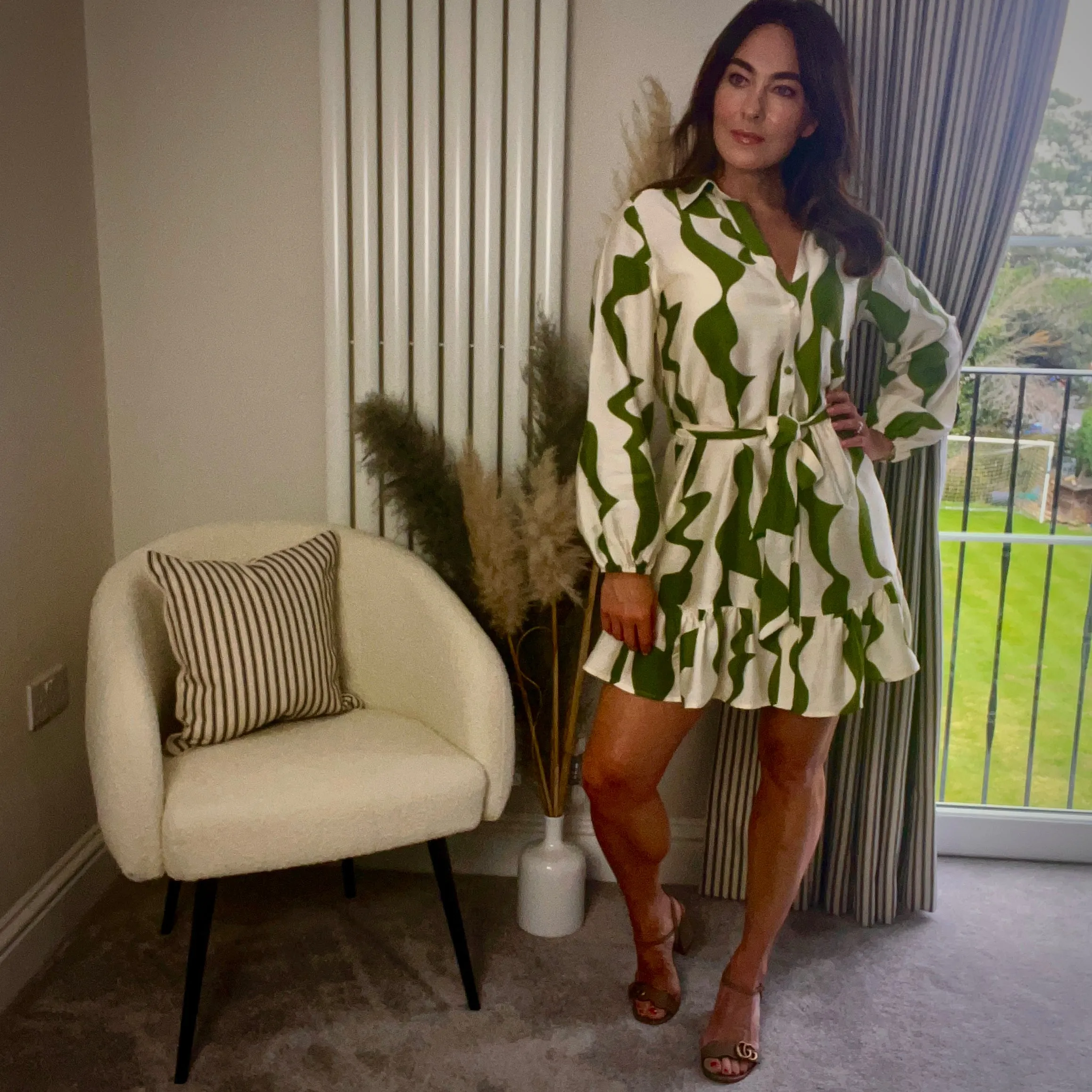 GREEN/CREAM PRINT DRESS