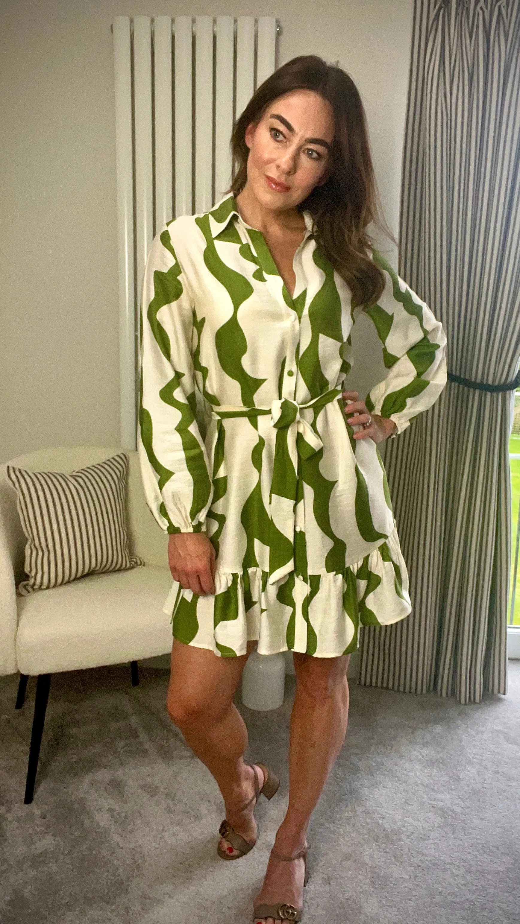 GREEN/CREAM PRINT DRESS