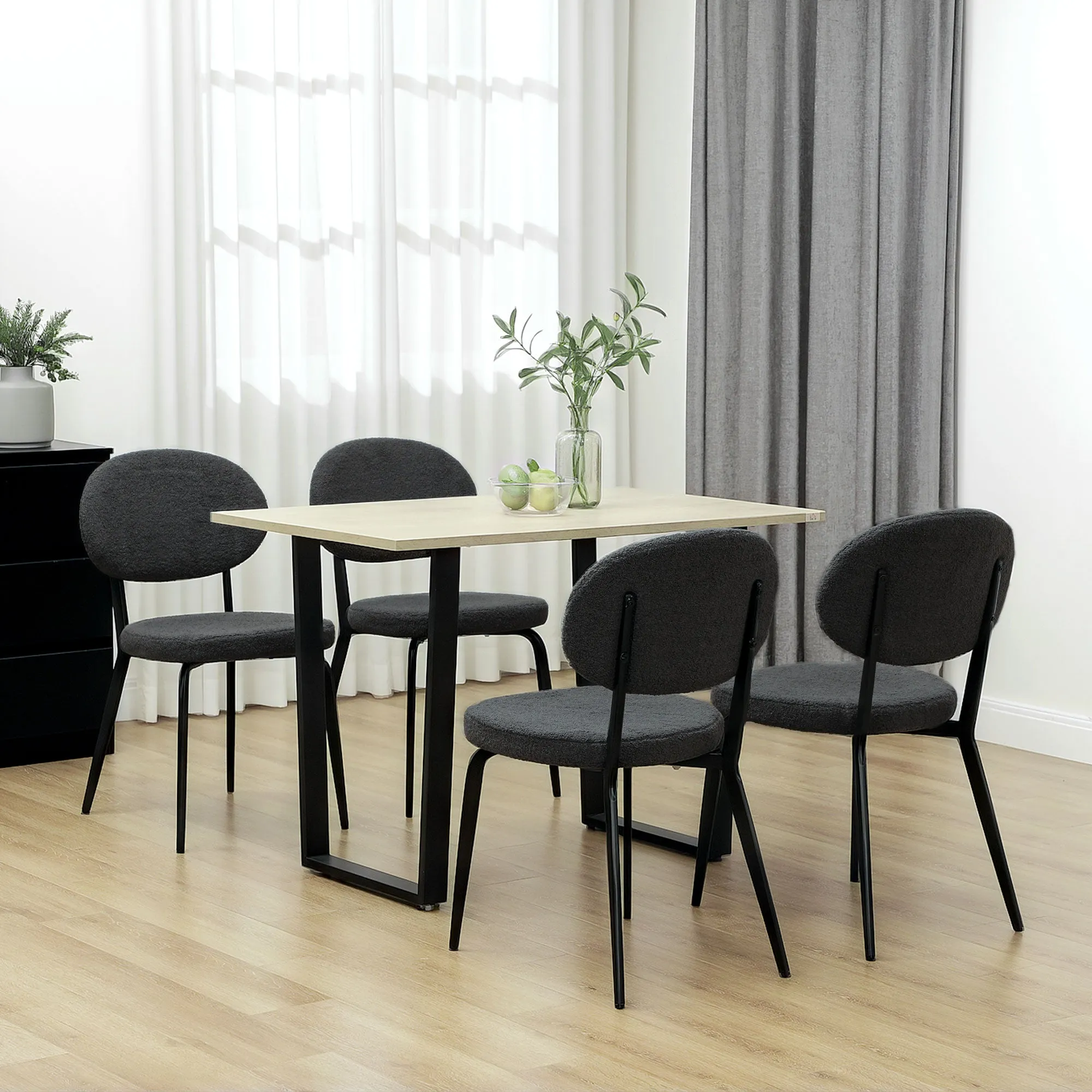HOMCOM Boucle Dining Chairs Set of 4, Modern Upholstered Sherpa Kitchen Chairs with Backrest, Metal Legs and Padded Seat for Dining Room, Bedroom, Living Room, Black