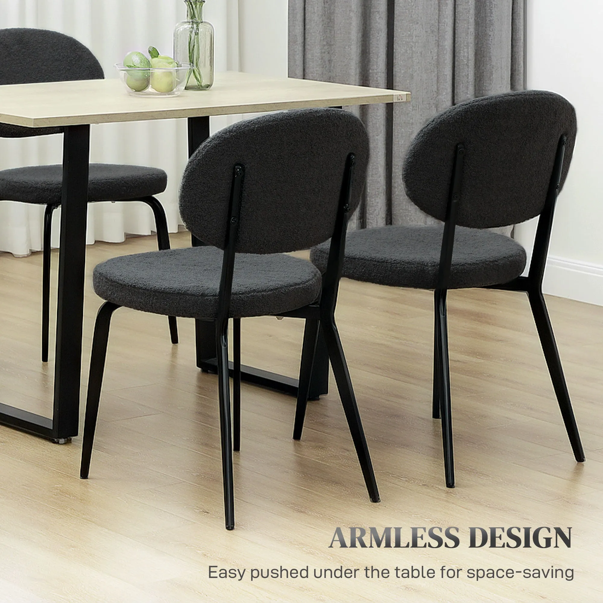 HOMCOM Boucle Dining Chairs Set of 4, Modern Upholstered Sherpa Kitchen Chairs with Backrest, Metal Legs and Padded Seat for Dining Room, Bedroom, Living Room, Black