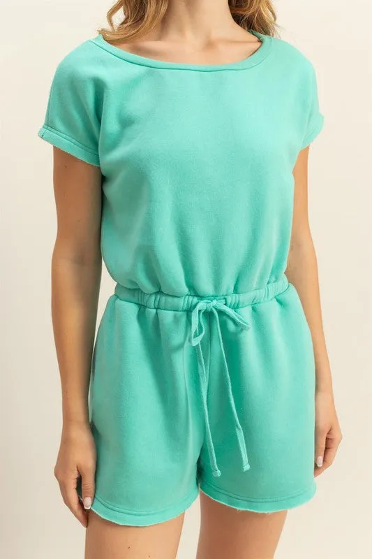 HYFVE Round Neck Short Sleeve Drawstring Waist Romper In Turquoise