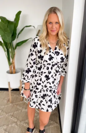 Ivory Tiered Mini Dress with Black Floral Pattern