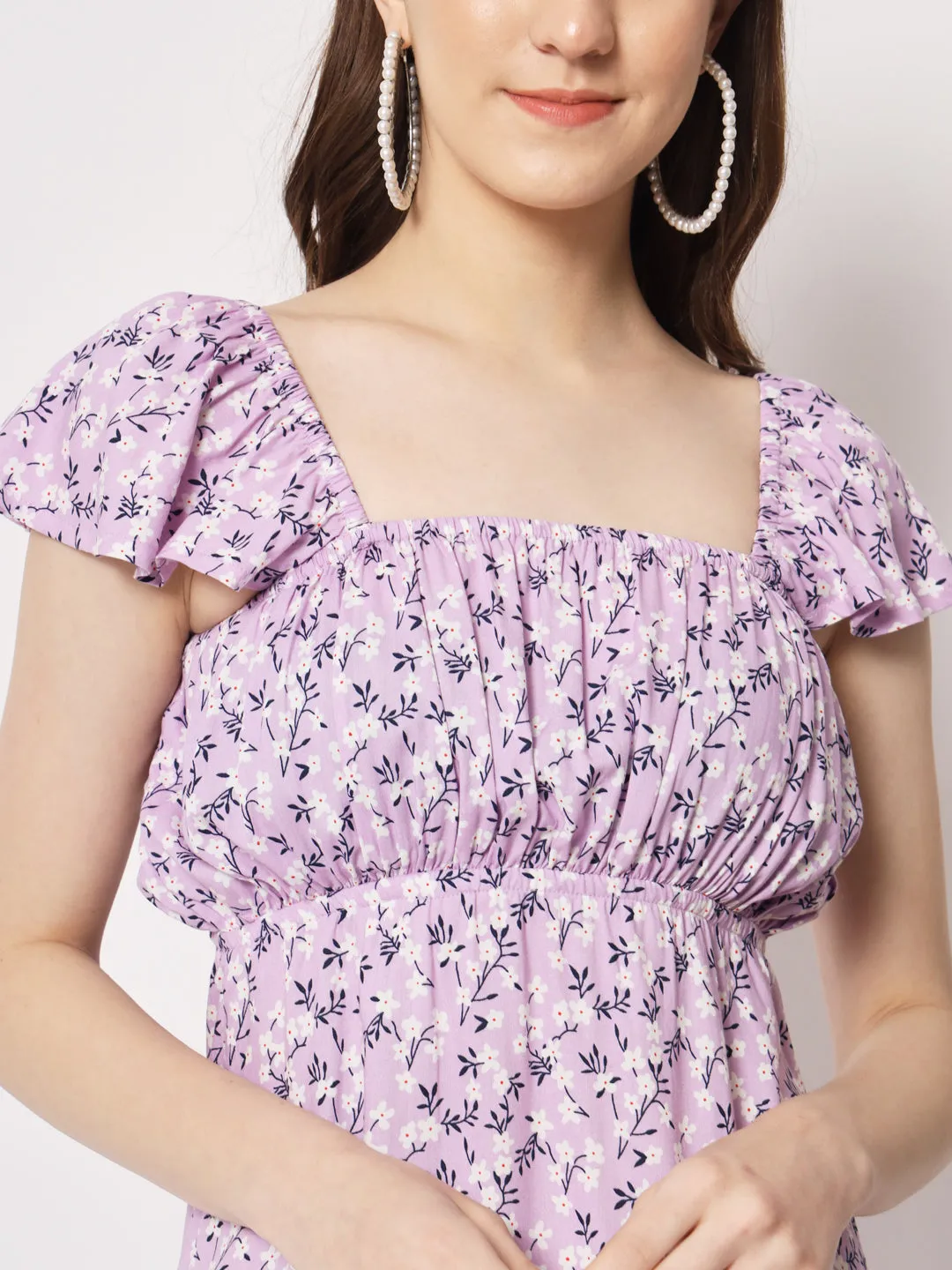 Lilac Floral Back Tie-up Detail Dress
