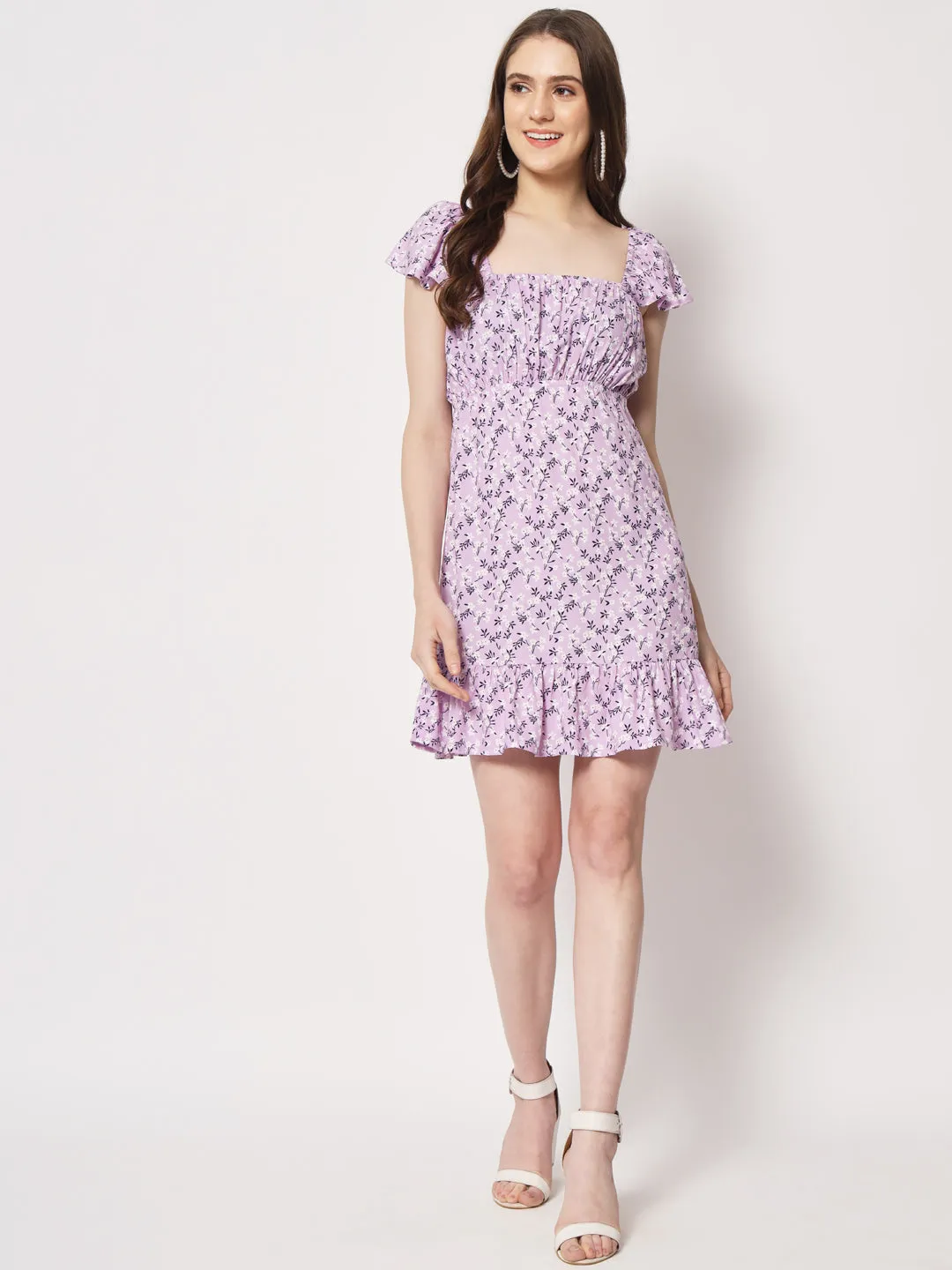 Lilac Floral Back Tie-up Detail Dress