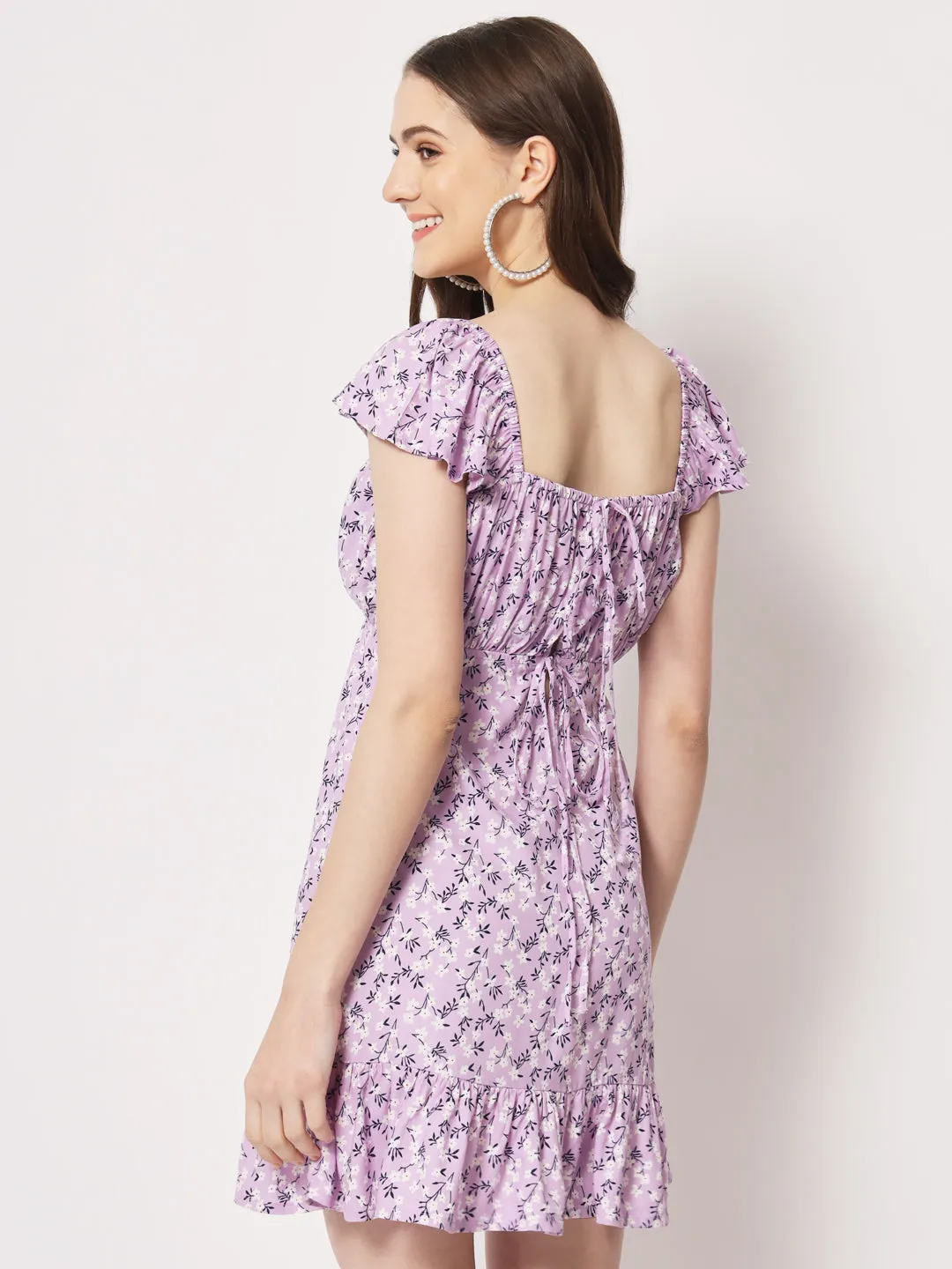 Lilac Floral Back Tie-up Detail Dress
