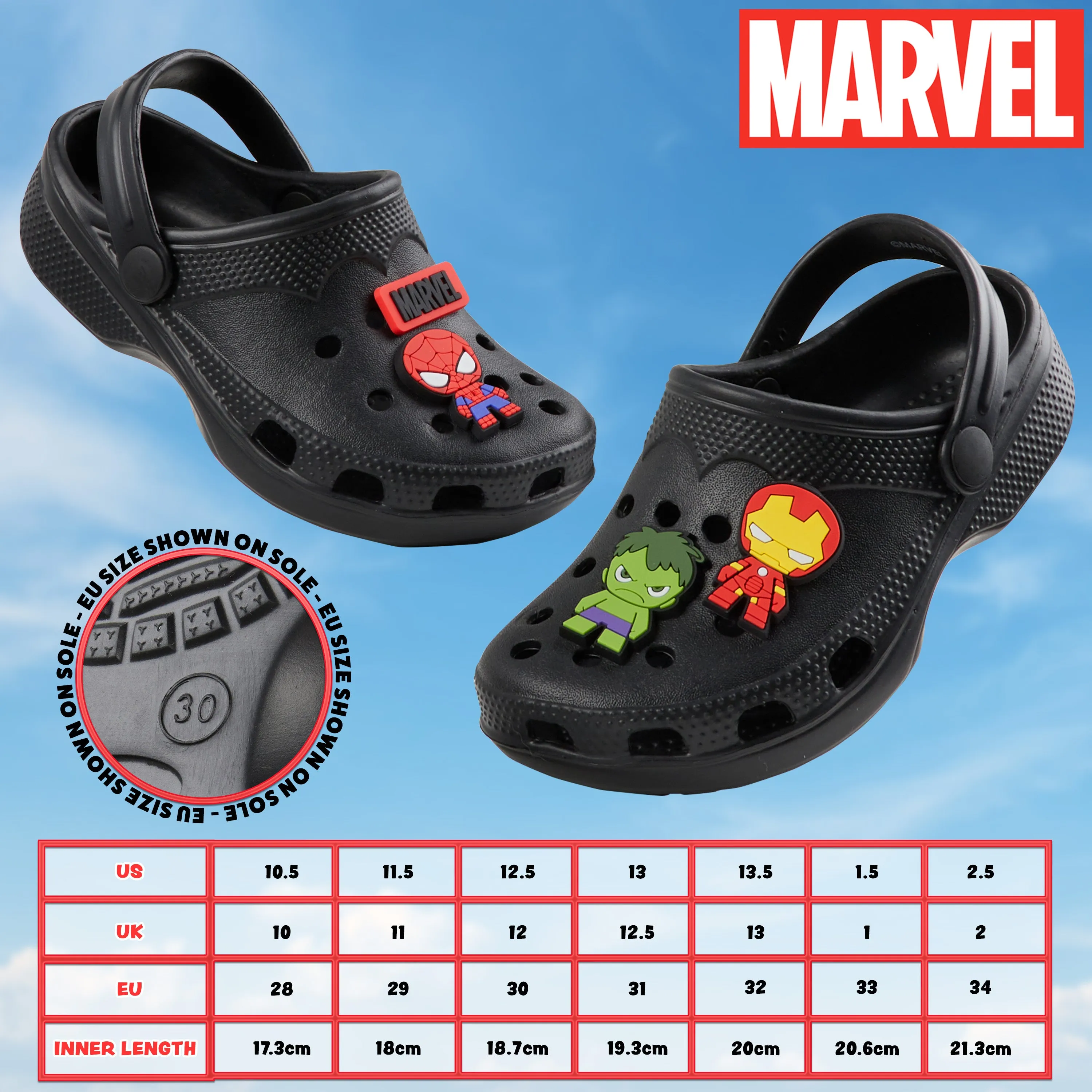 Marvel Boys Clogs with Removable Rubber Charms - Black Spiderman