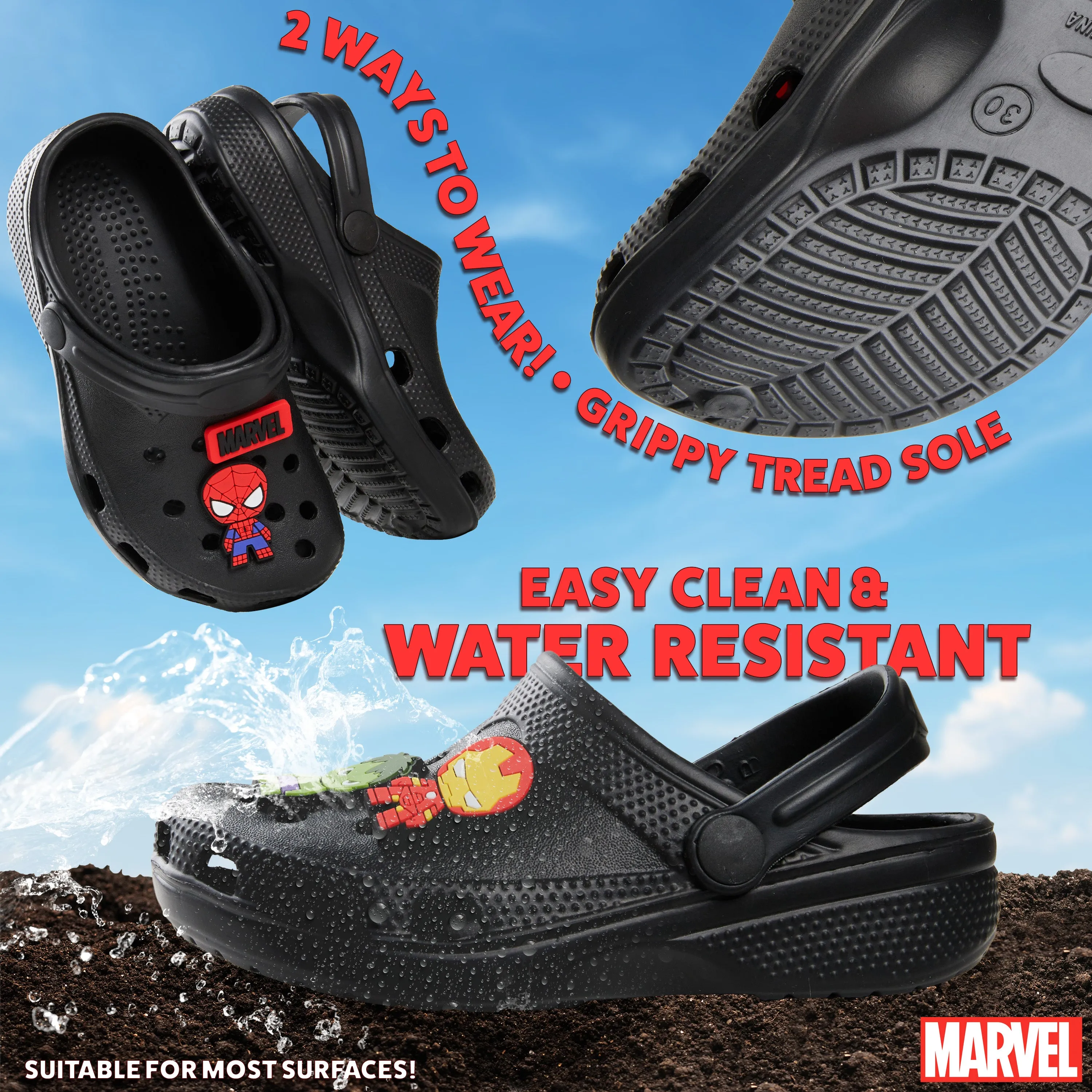 Marvel Boys Clogs with Removable Rubber Charms - Black Spiderman