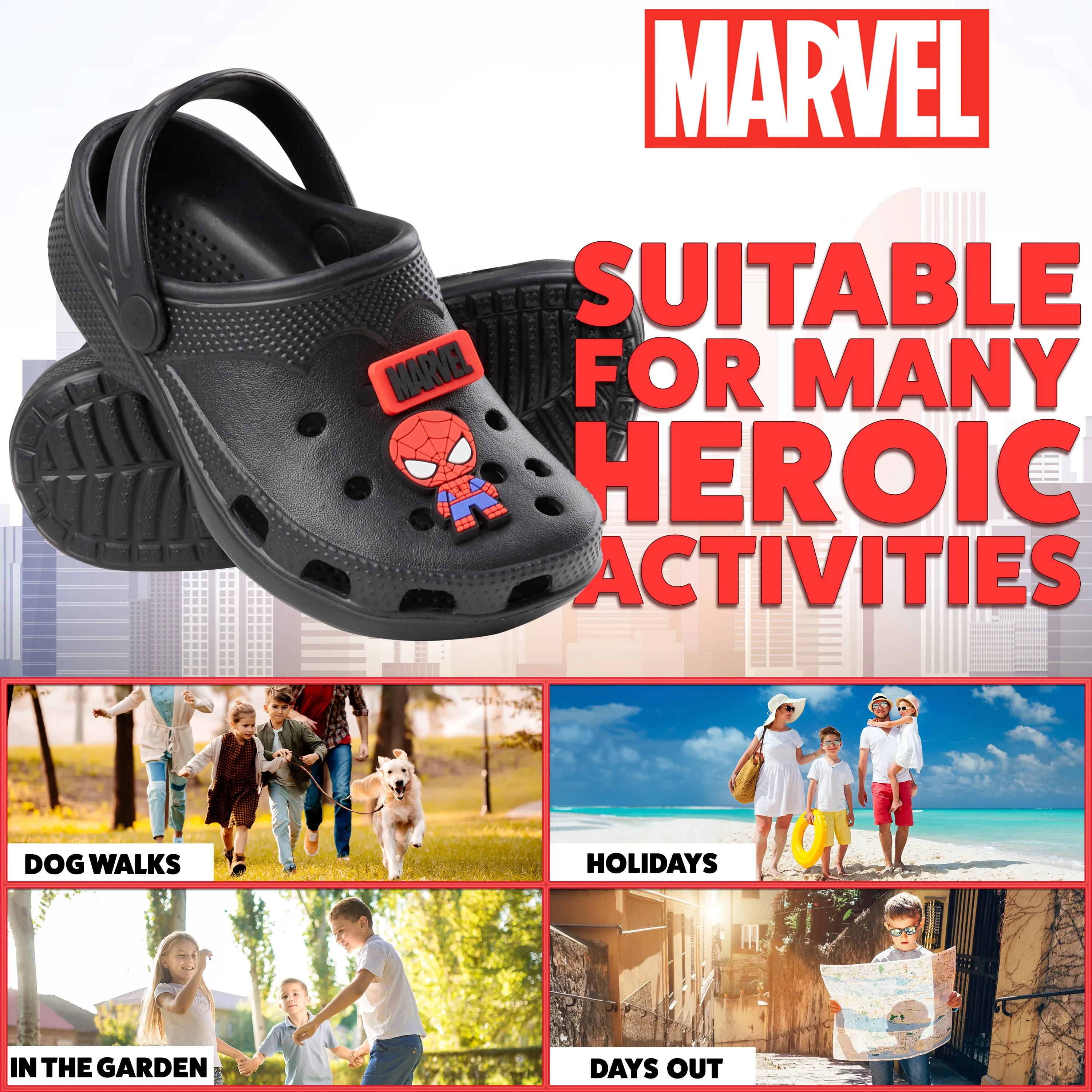 Marvel Boys Clogs with Removable Rubber Charms - Black Spiderman