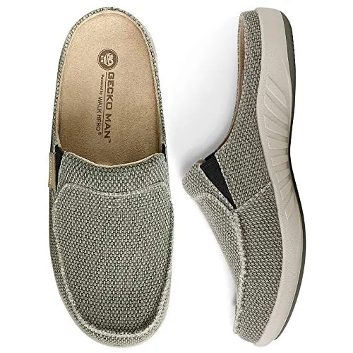Mens Orthopedic Slippers with Arch Support, Canvas House Slipper for Men with Suede Insole and Velvet Lining, Slip on Clog House Shoes with Indoor Outdoor Anti-Skid Rubber Sole, Light Olive, 9.5