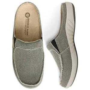 Mens Orthopedic Slippers with Arch Support, Canvas House Slipper for Men with Suede Insole and Velvet Lining, Slip on Clog House Shoes with Indoor Outdoor Anti-Skid Rubber Sole, Light Olive, 9.5