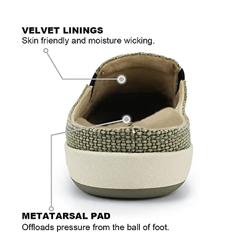 Mens Orthopedic Slippers with Arch Support, Canvas House Slipper for Men with Suede Insole and Velvet Lining, Slip on Clog House Shoes with Indoor Outdoor Anti-Skid Rubber Sole, Light Olive, 9.5