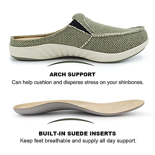 Mens Orthopedic Slippers with Arch Support, Canvas House Slipper for Men with Suede Insole and Velvet Lining, Slip on Clog House Shoes with Indoor Outdoor Anti-Skid Rubber Sole, Light Olive, 9.5