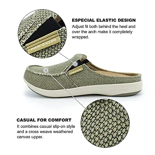 Mens Orthopedic Slippers with Arch Support, Canvas House Slipper for Men with Suede Insole and Velvet Lining, Slip on Clog House Shoes with Indoor Outdoor Anti-Skid Rubber Sole, Light Olive, 9.5