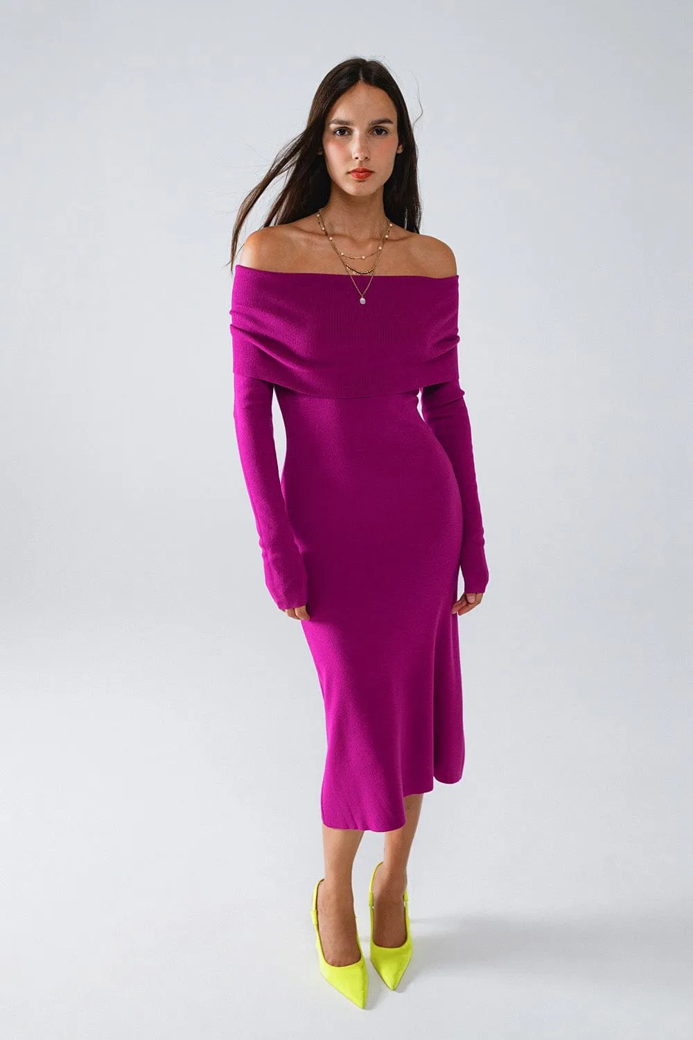 Midi Knitted Folover Badot Dress In Magenta
