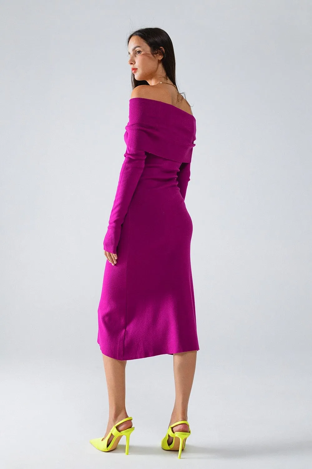 Midi Knitted Folover Badot Dress In Magenta