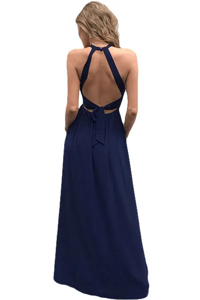 Navy Blue High Split Floral Embroidered Maxi Dress