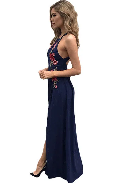 Navy Blue High Split Floral Embroidered Maxi Dress