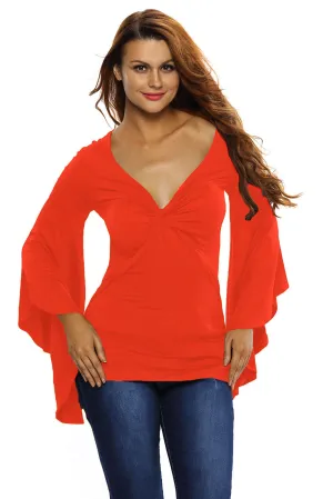 Orange Twisted Plunge Long-Sleeve Top