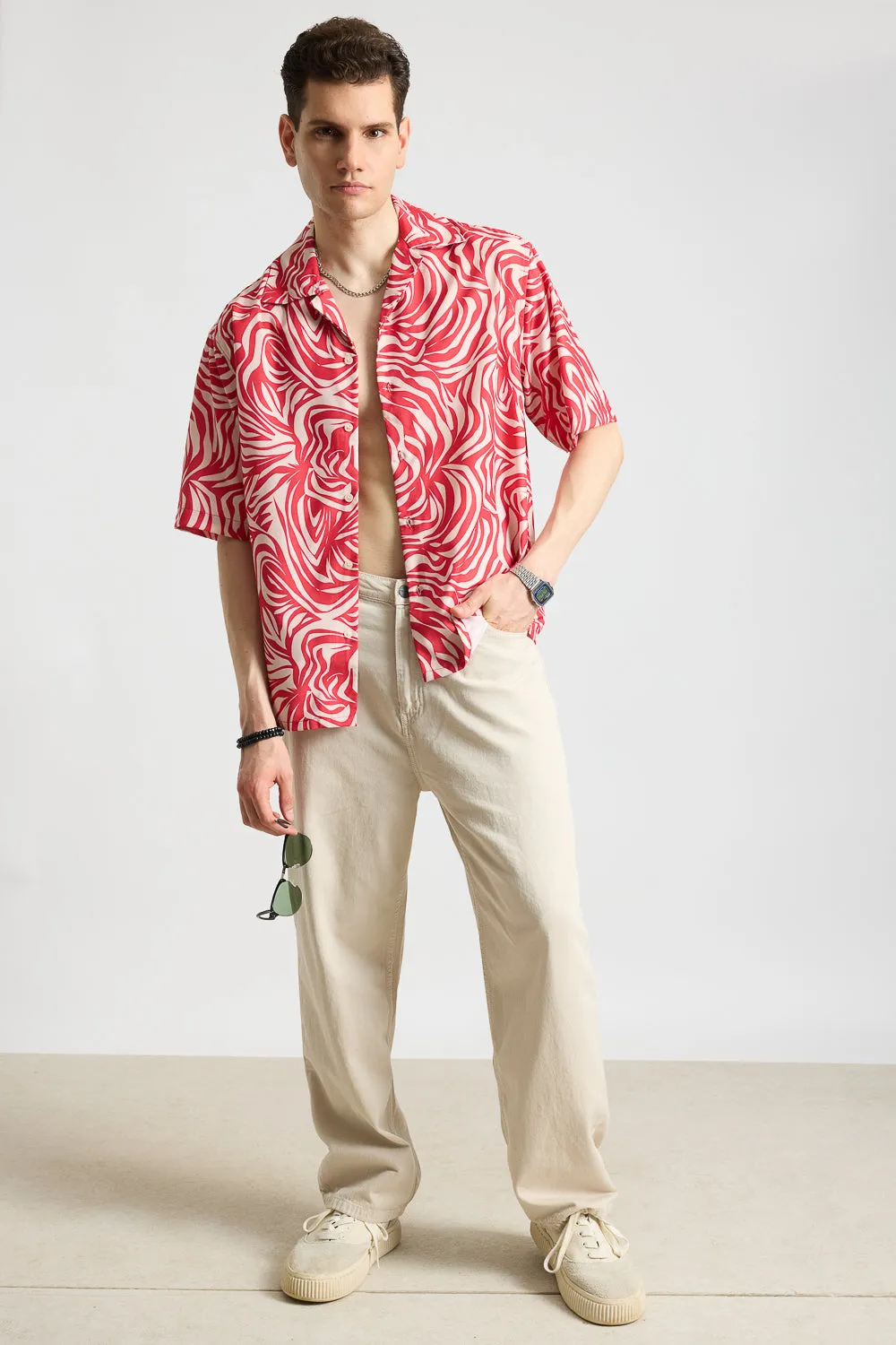 Pink & Beige Zebra Printed Men's Resort Shirt