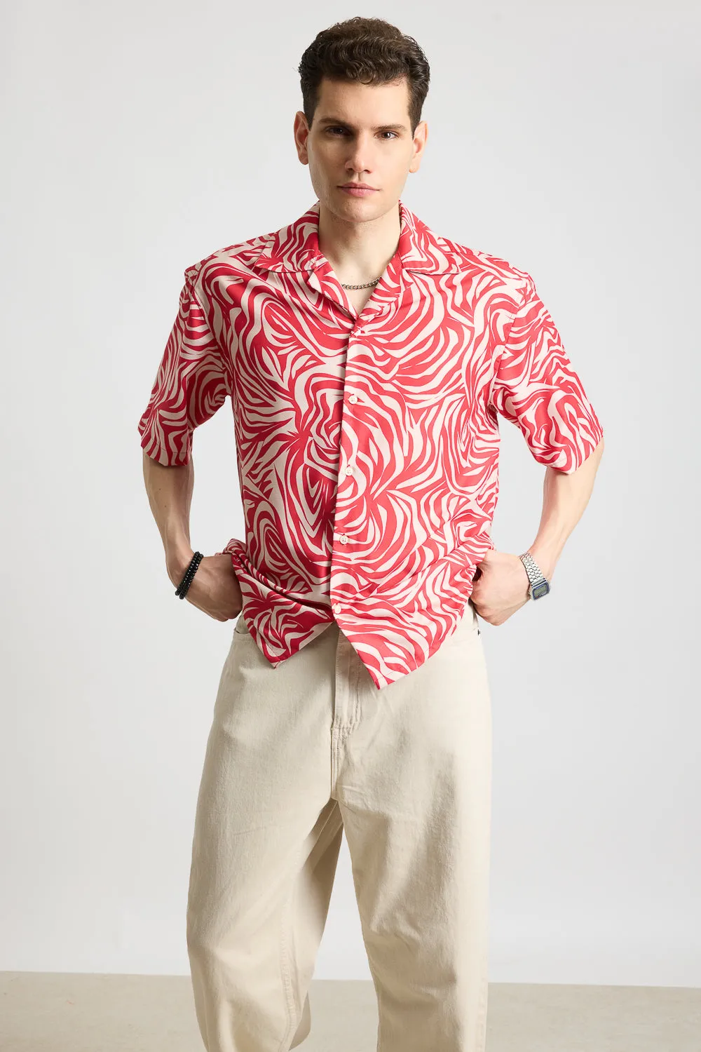 Pink & Beige Zebra Printed Men's Resort Shirt