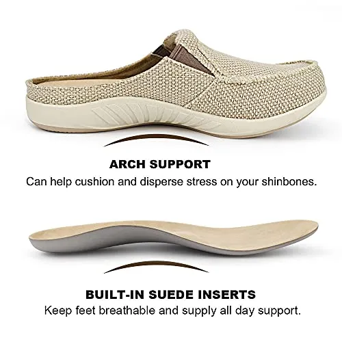 Plantar Fasciitis Slippers for Men with Arch Support, Canvas Orthotic Slipper for Men, Slip on Clog House Slipper with Indoor Outdoor Anti-Skid Rubber Sole, Beige, 11.5