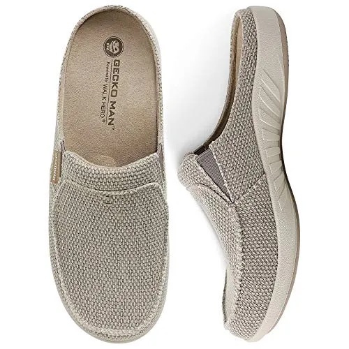 Plantar Fasciitis Slippers for Men with Arch Support, Canvas Orthotic Slipper for Men, Slip on Clog House Slipper with Indoor Outdoor Anti-Skid Rubber Sole, Beige, 11.5