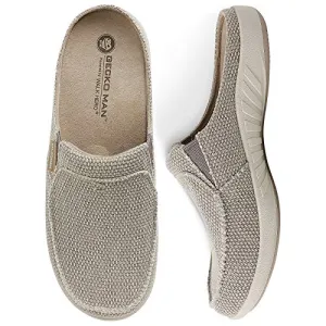 Plantar Fasciitis Slippers for Men with Arch Support, Canvas Orthotic Slipper for Men, Slip on Clog House Slipper with Indoor Outdoor Anti-Skid Rubber Sole, Beige, 11.5
