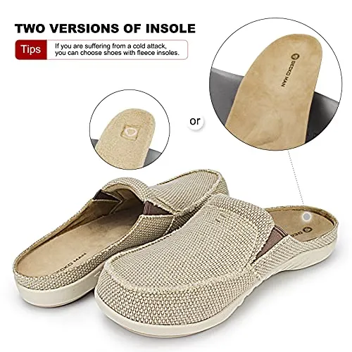 Plantar Fasciitis Slippers for Men with Arch Support, Canvas Orthotic Slipper for Men, Slip on Clog House Slipper with Indoor Outdoor Anti-Skid Rubber Sole, Beige, 11.5
