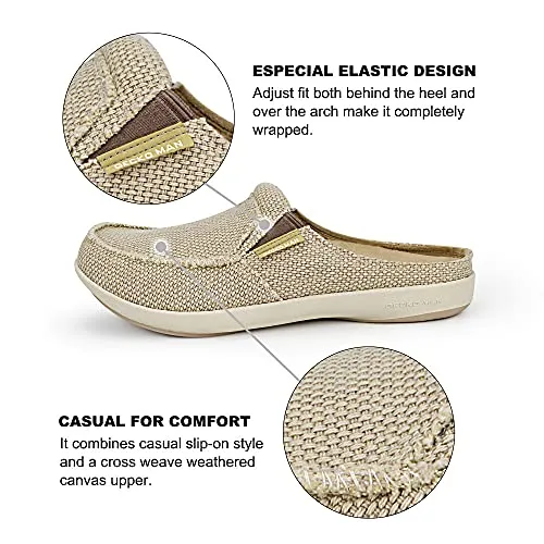 Plantar Fasciitis Slippers for Men with Arch Support, Canvas Orthotic Slipper for Men, Slip on Clog House Slipper with Indoor Outdoor Anti-Skid Rubber Sole, Beige, 11.5