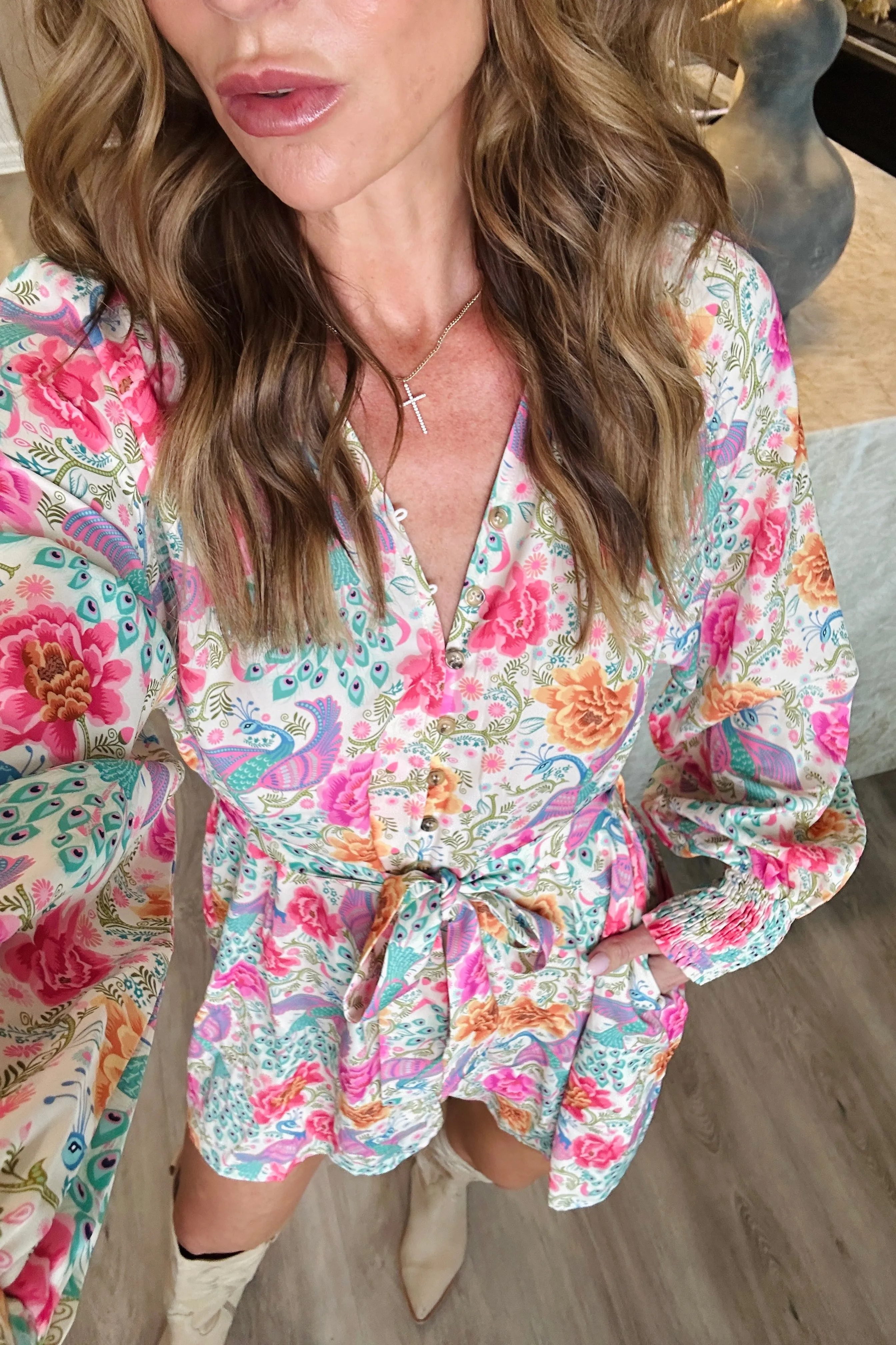 Printed Notched Lantern Sleeve Dress