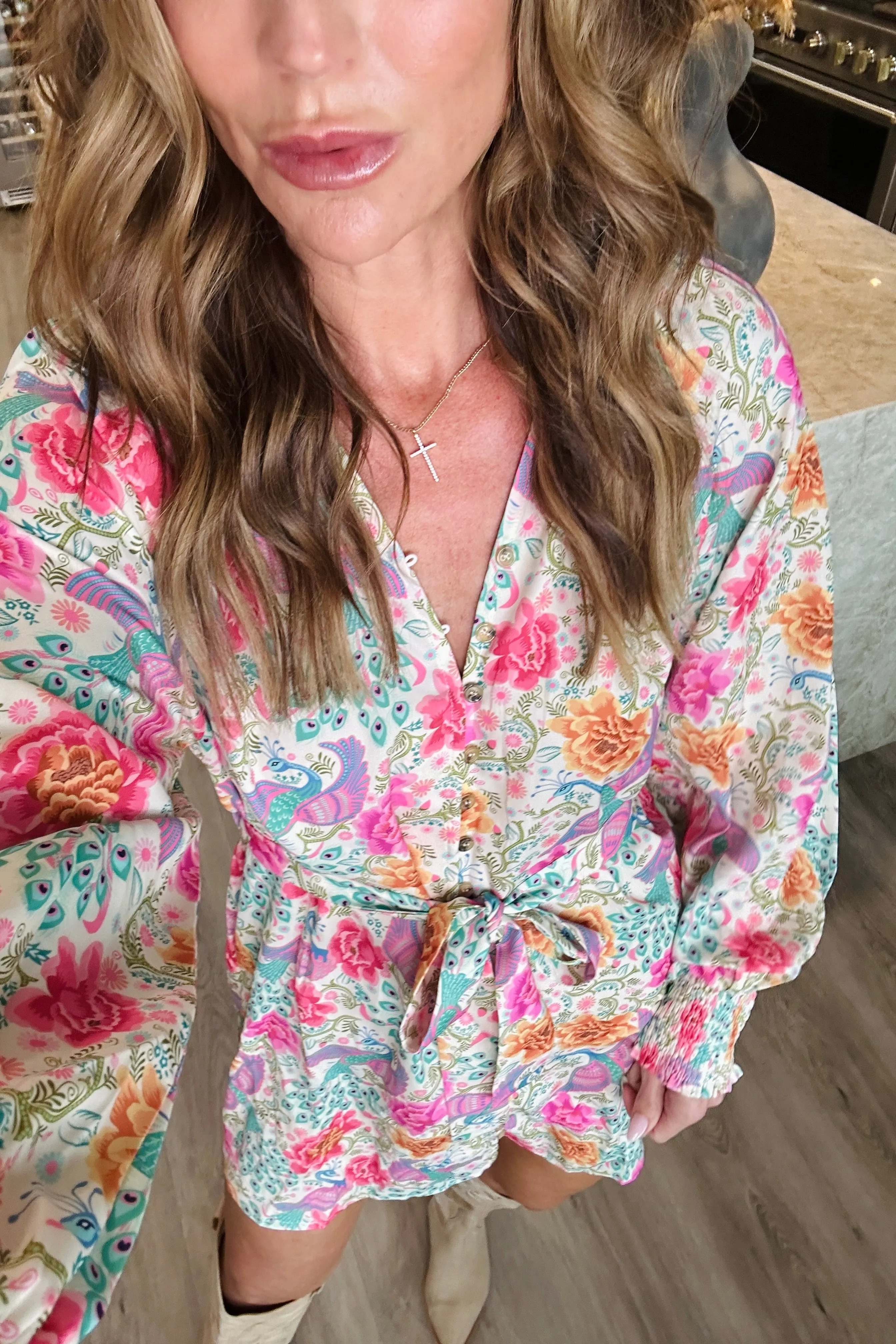 Printed Notched Lantern Sleeve Dress
