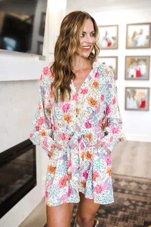 Printed Notched Lantern Sleeve Dress
