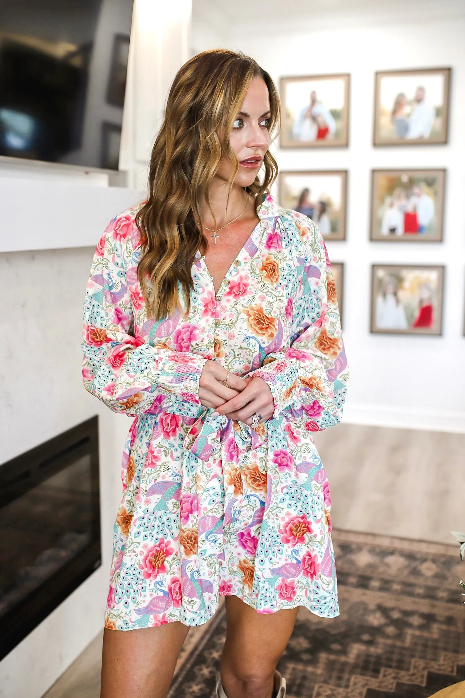 Printed Notched Lantern Sleeve Dress