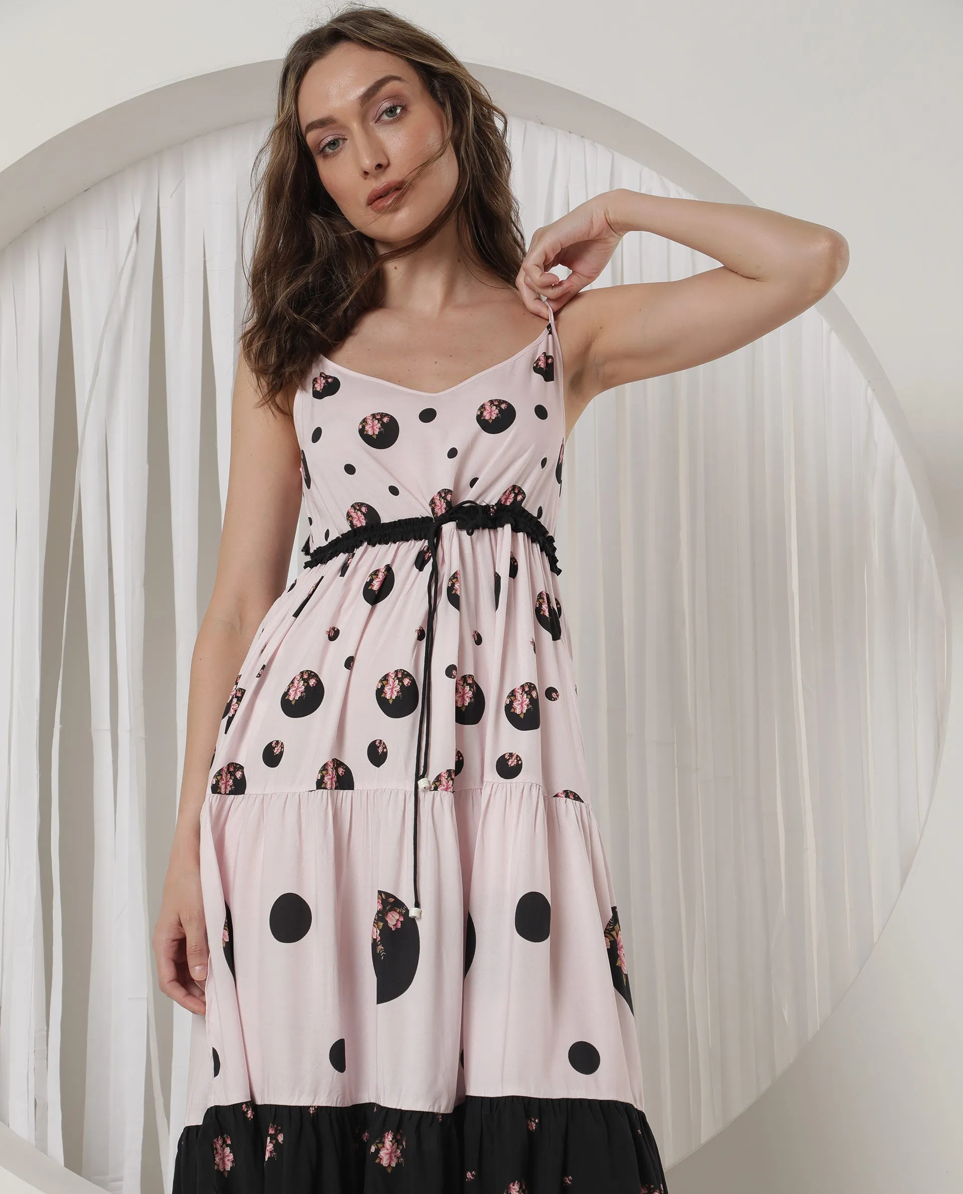 Rareism Women Lavandula Light Pink Polyester Fabric Sleeveless Shoulder Straps Relaxed Fit Polka Midi Tiered Dress