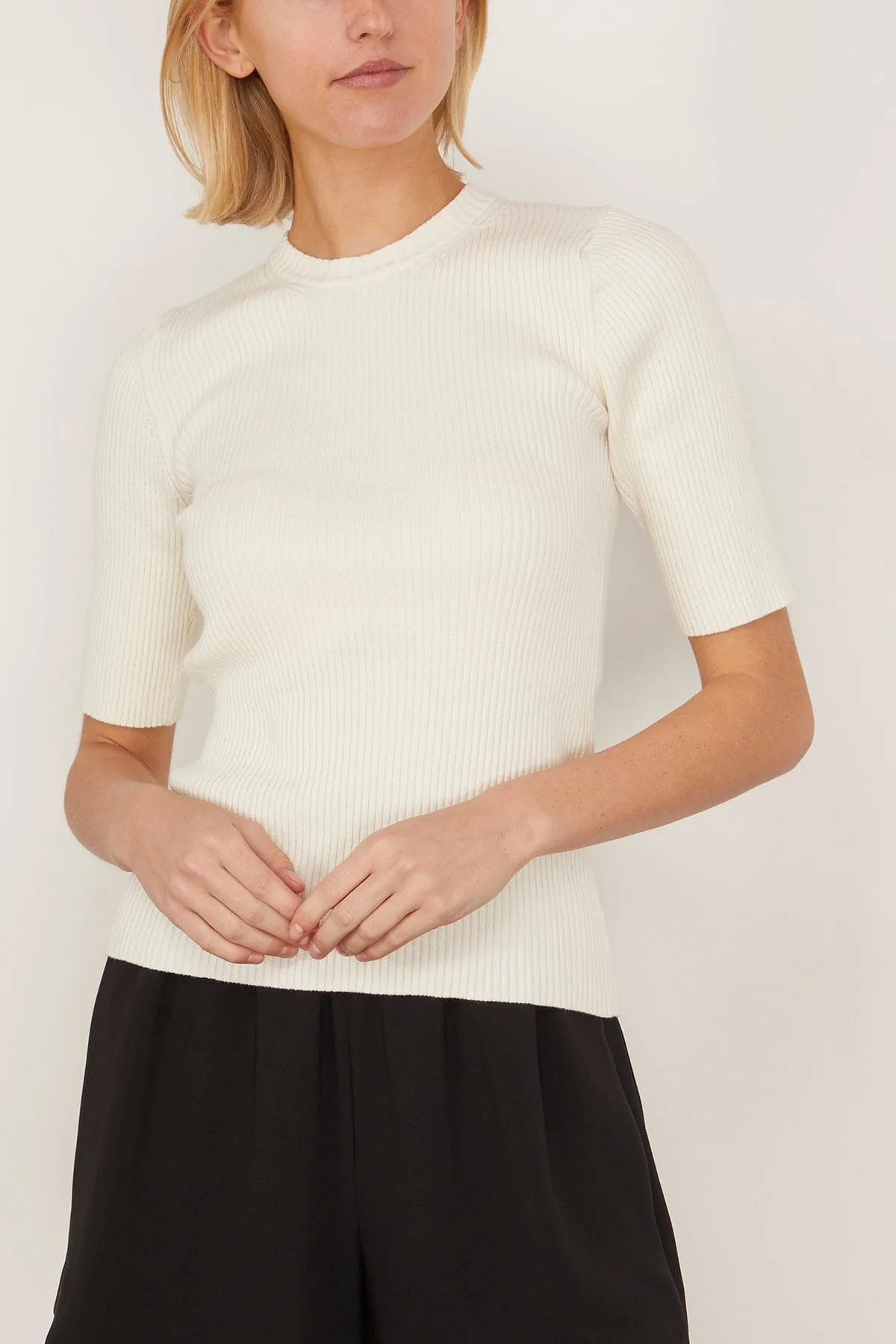 Ribbed Knitted Short Sleeve Top in Off White