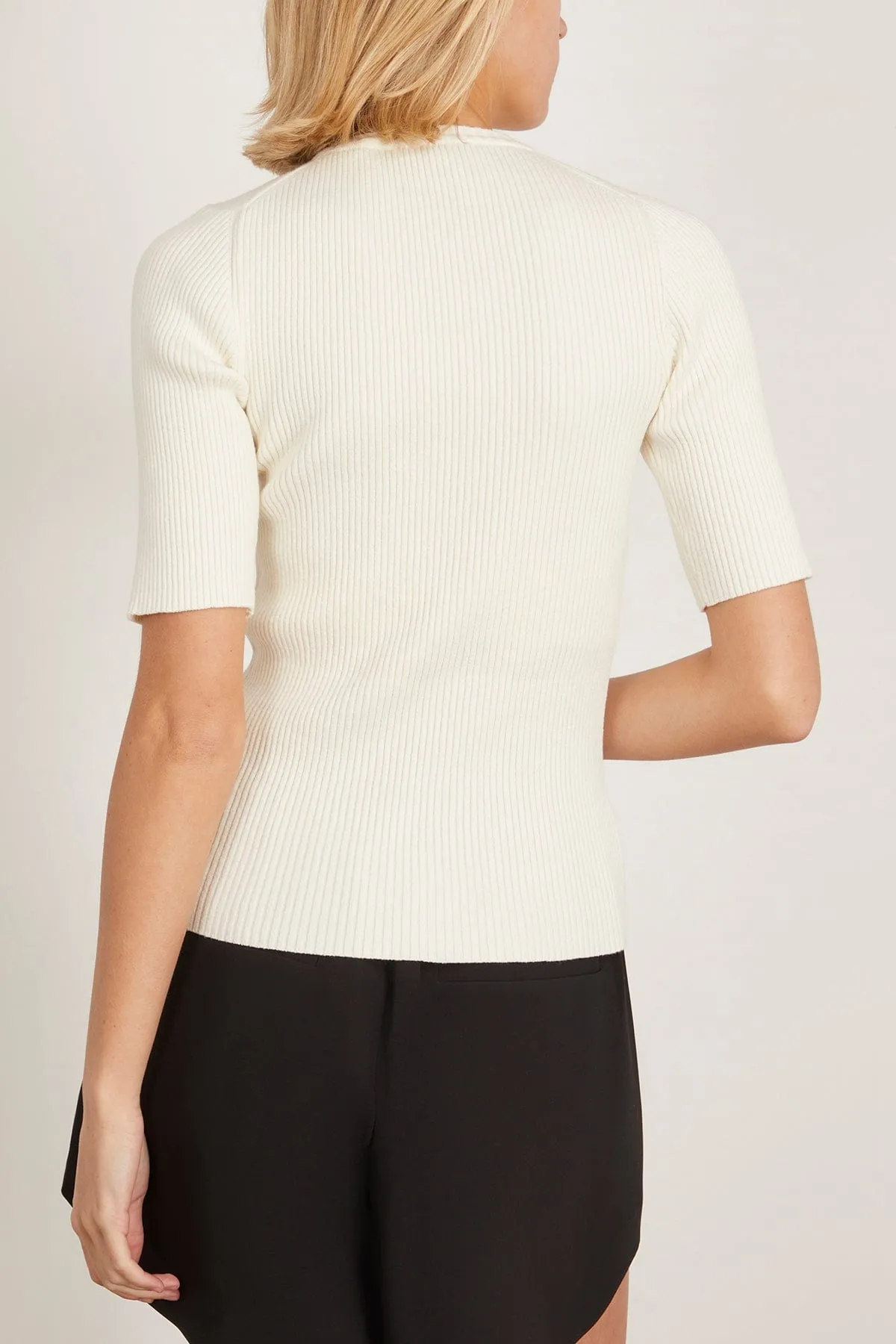 Ribbed Knitted Short Sleeve Top in Off White