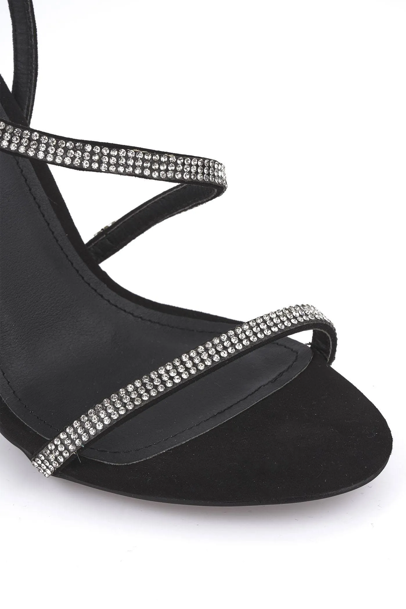 Savannah Anklestrap Diamante High Heel in Black Suede