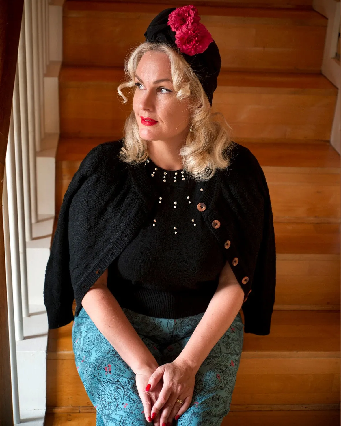 The "Sandra" Textured Diamond Knit Cardigan in Black, 1940s & 50s Vintage Style
